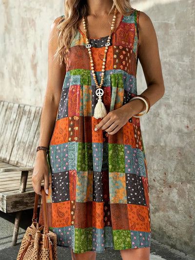Lenivelle – Boho Patchwork-Ärmelloses Swing-Kleid