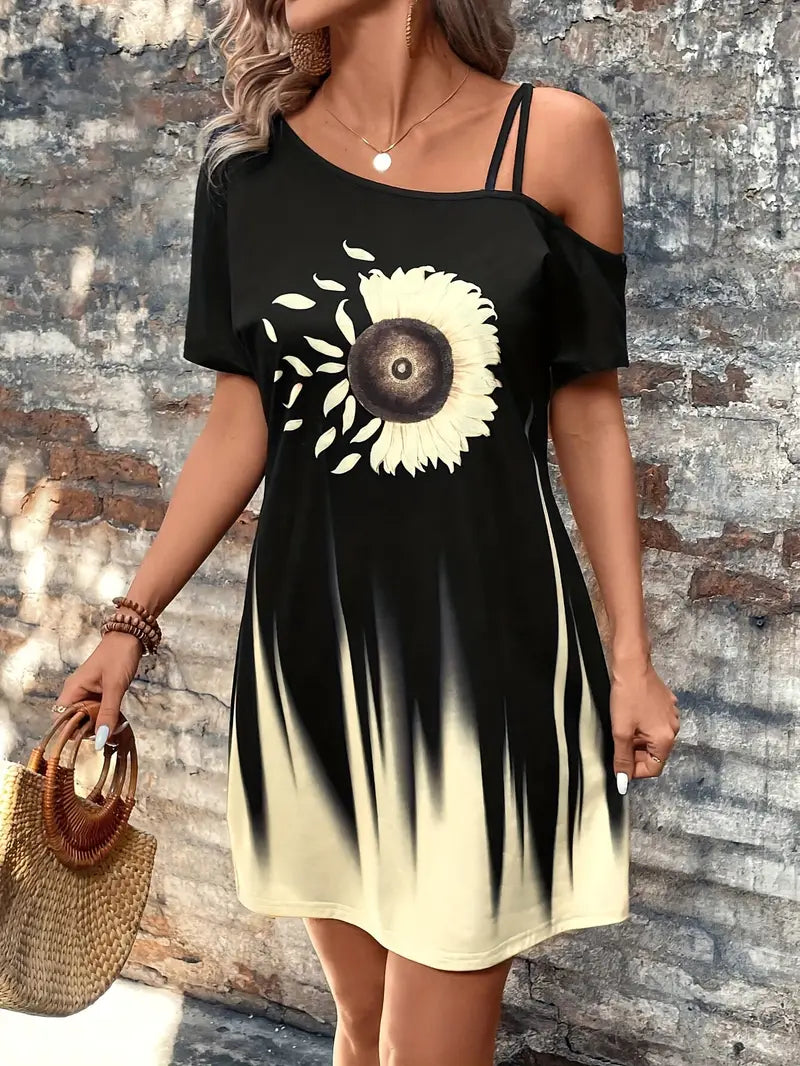 Lorianna – Bezauberndes Kleid mit Sonnenblumen-Grafik und schulterfreien Schultern