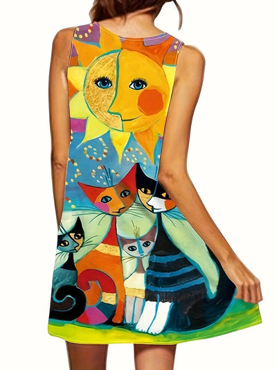Nyraia – Ärmelloses Kleid mit farbenfrohem, künstlerischem Print