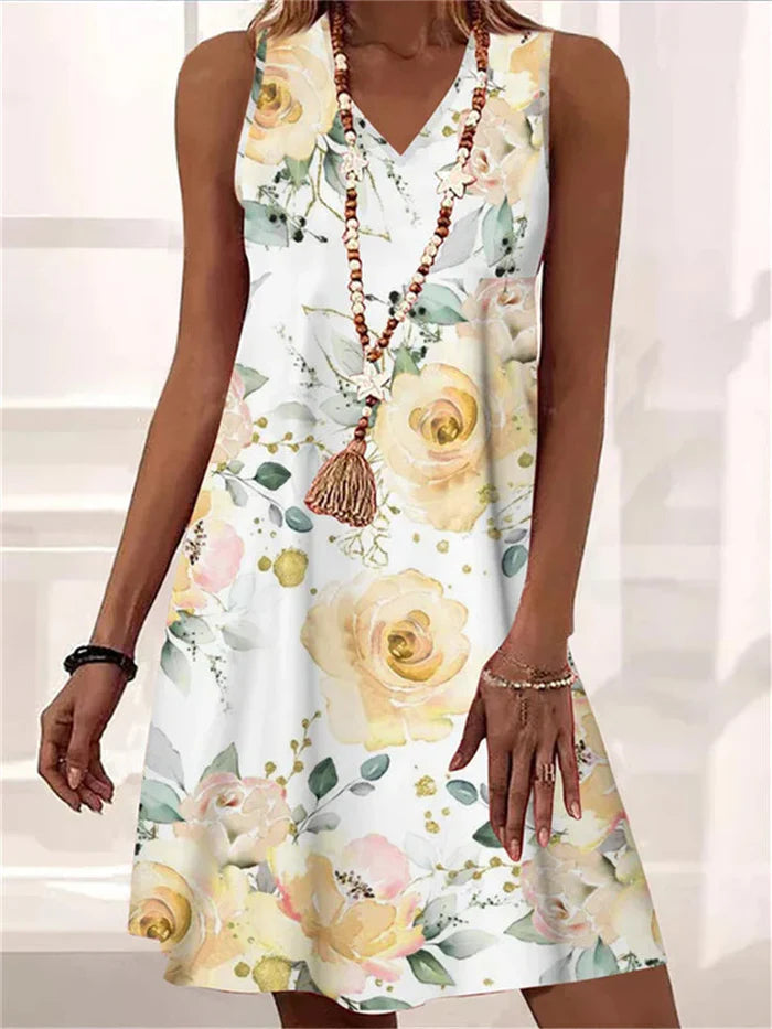 Elara – Klassisches Kleid mit V-Ausschnitt und Blumenmuster