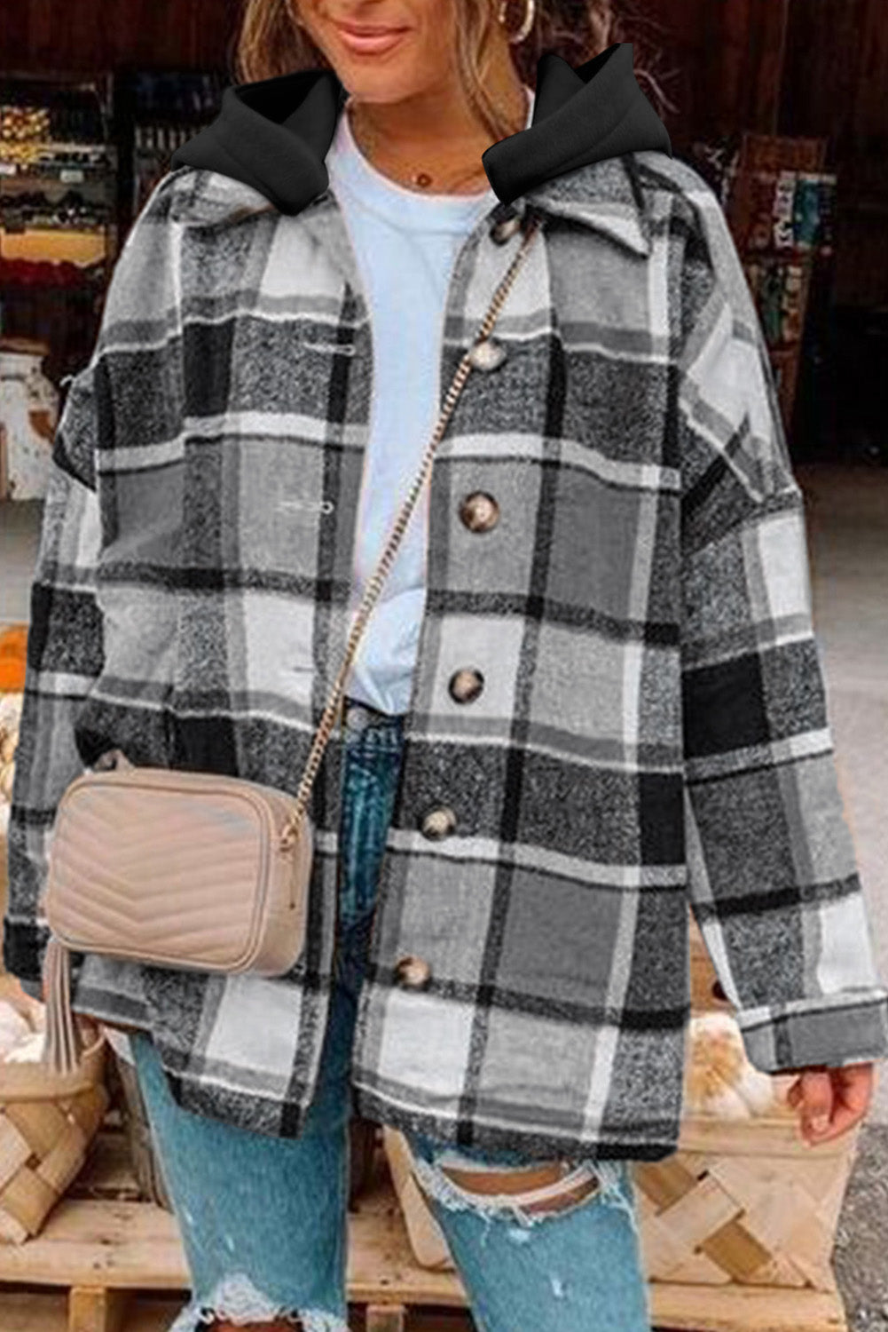 Kariertes Oversized-Hemdjacke | Kapuze & Knopfleiste | Lässiger Komfort