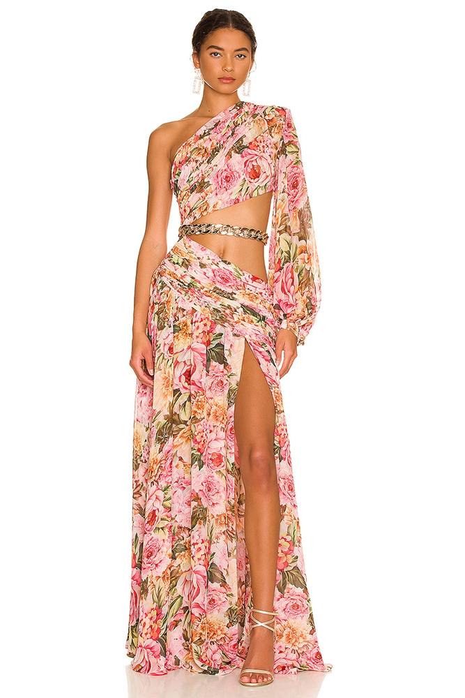Avelena | Gertrude Bedrucktes Asymmetrisches Maxikleid mit Ausschnitten