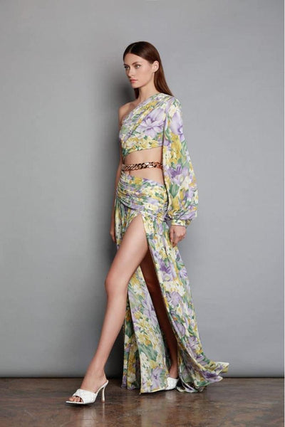 Avelena | Gertrude Bedrucktes Asymmetrisches Maxikleid mit Ausschnitten