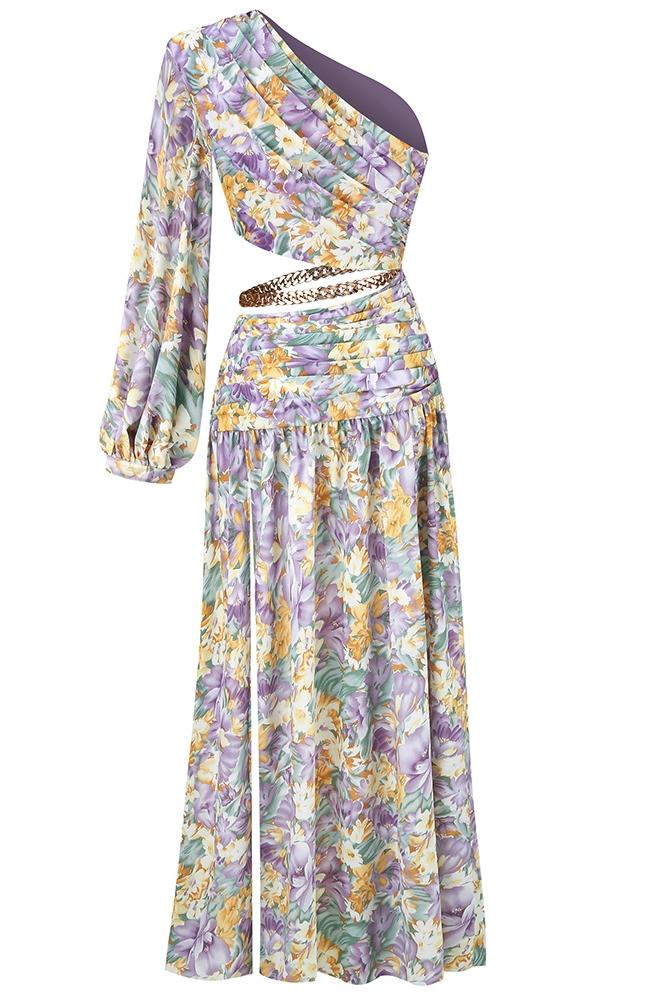Avelena | Gertrude Bedrucktes Asymmetrisches Maxikleid mit Ausschnitten