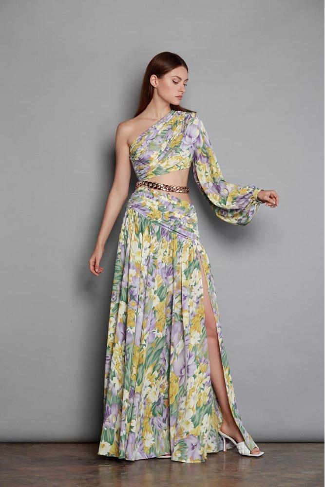 Avelena | Gertrude Bedrucktes Asymmetrisches Maxikleid mit Ausschnitten