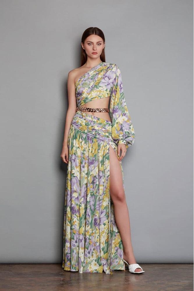 Avelena | Gertrude Bedrucktes Asymmetrisches Maxikleid mit Ausschnitten