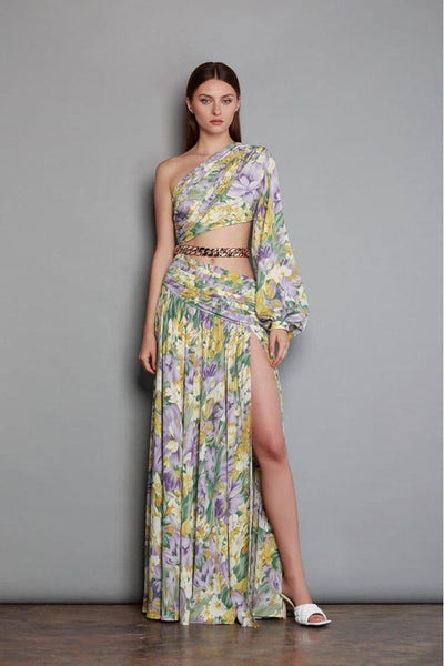 Avelena | Gertrude Bedrucktes Asymmetrisches Maxikleid mit Ausschnitten