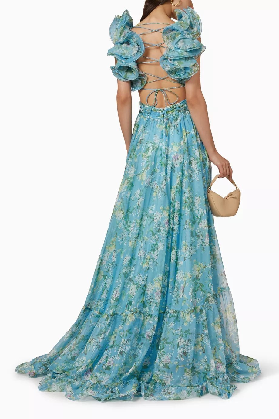 Avelena | Bedrucktes Chiffon-Maxikleid mit Rüschen und Schnürung