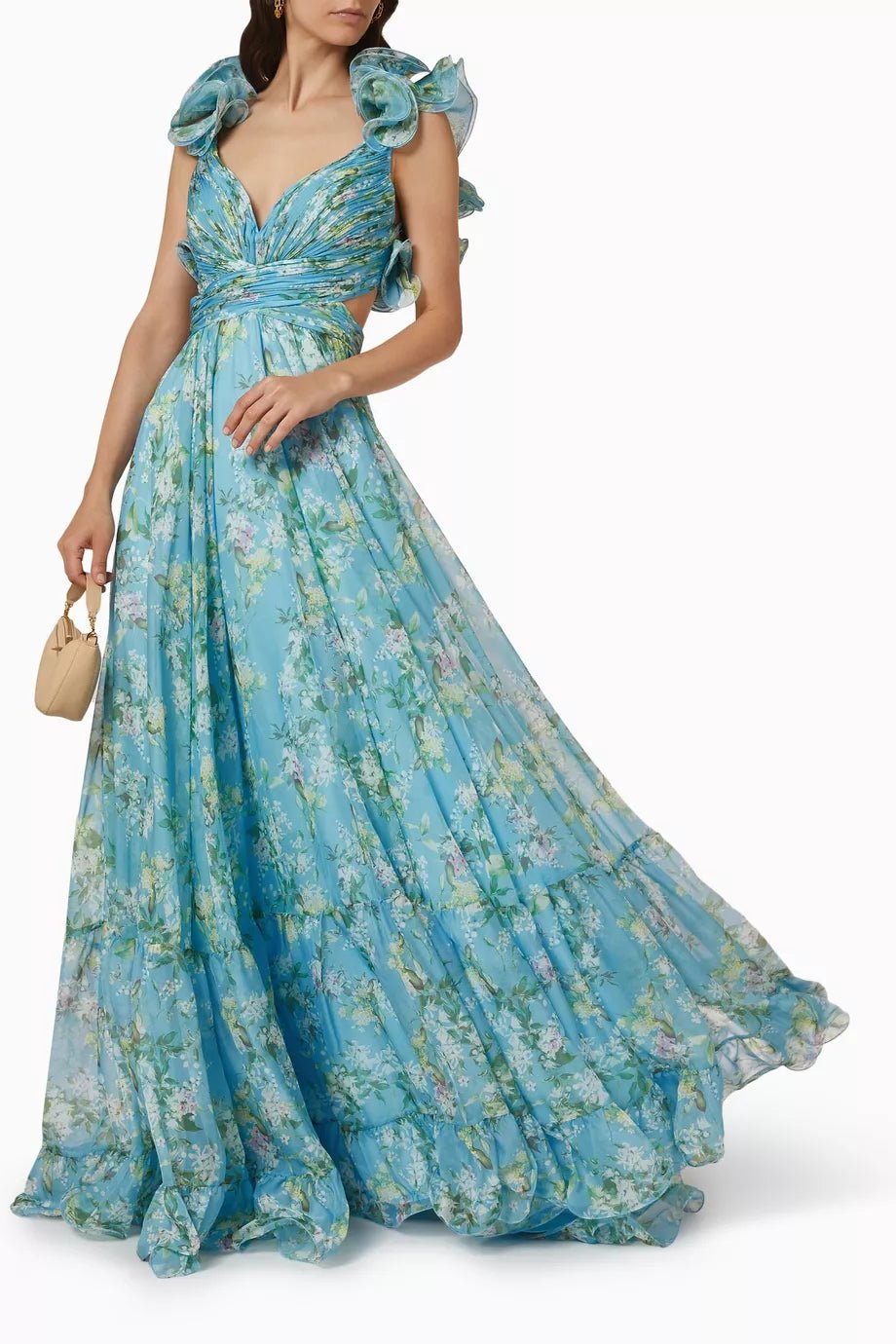 Avelena | Bedrucktes Chiffon-Maxikleid mit Rüschen und Schnürung