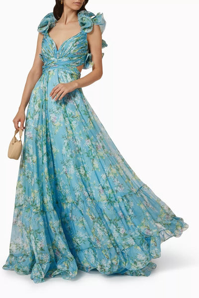 Avelena | Bedrucktes Chiffon-Maxikleid mit Rüschen und Schnürung