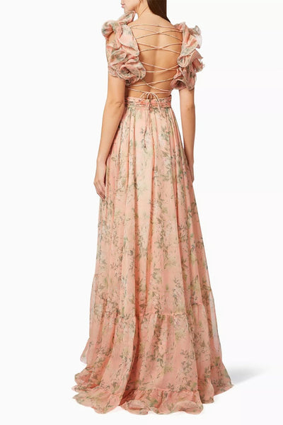 Avelena | Bedrucktes Chiffon-Maxikleid mit Rüschen und Schnürung