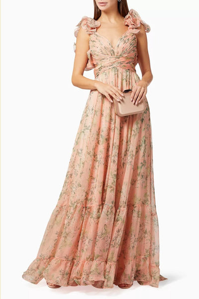 Avelena | Bedrucktes Chiffon-Maxikleid mit Rüschen und Schnürung