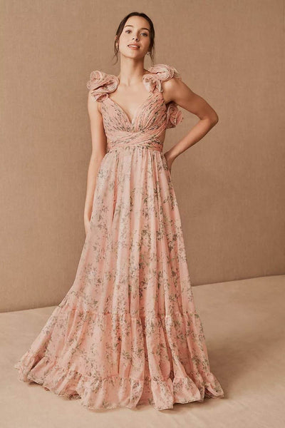 Avelena | Bedrucktes Chiffon-Maxikleid mit Rüschen und Schnürung