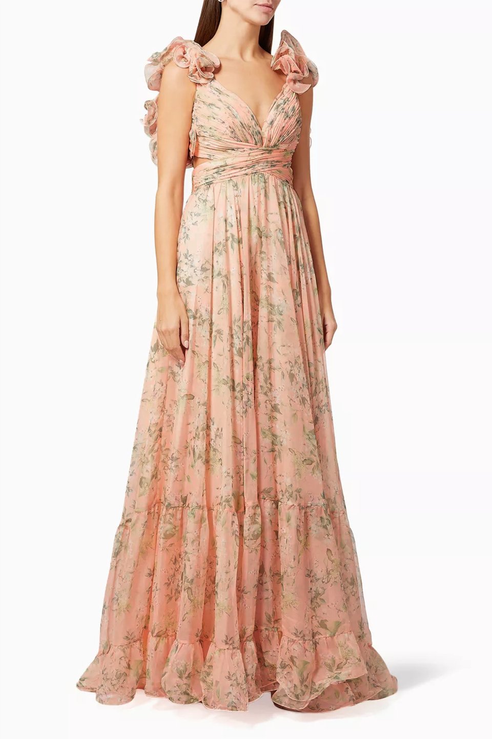 Avelena | Bedrucktes Chiffon-Maxikleid mit Rüschen und Schnürung
