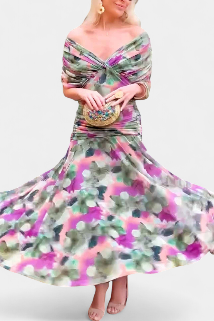 Alondra Maxikleid mit kreativem Blumenprint und V-Ausschnitt