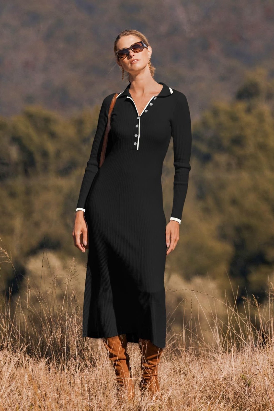 Avelena | Midi-Strickkleid mit Knopfleiste und Kragen