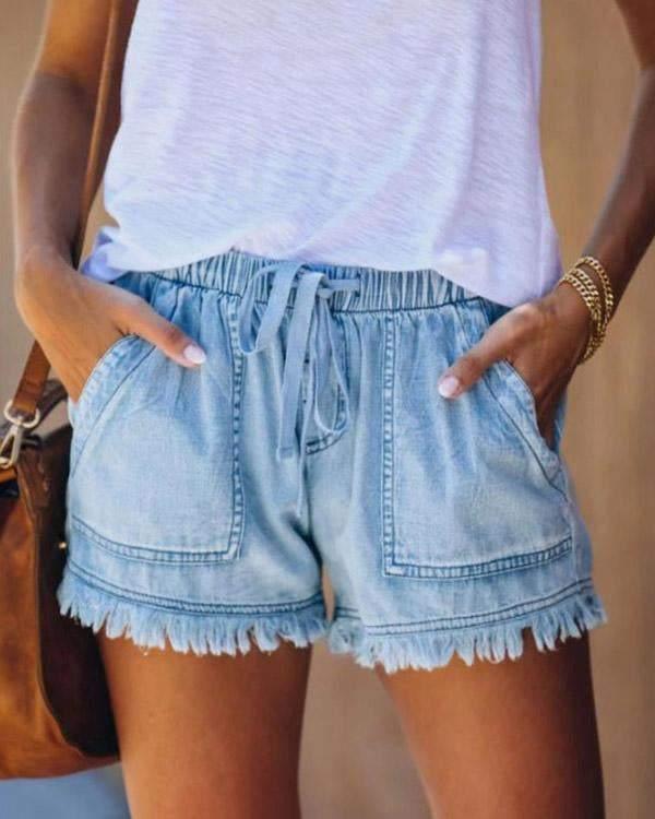 Adriana | Einfarbige Denim-Shorts mit Kordelzug