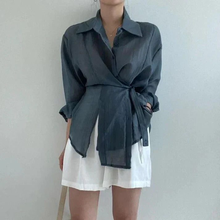 Damenbluse mit langen Ärmeln, dunkelblau, elegant - Zorynae