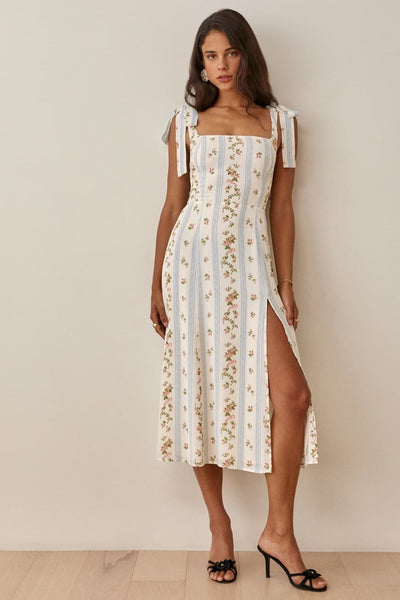 Avelena | Bedrucktes Midikleid mit Schleifenträger und Schlitz