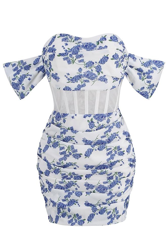 Avelena | Bedrucktes Schulterfreies Korsett-Minikleid