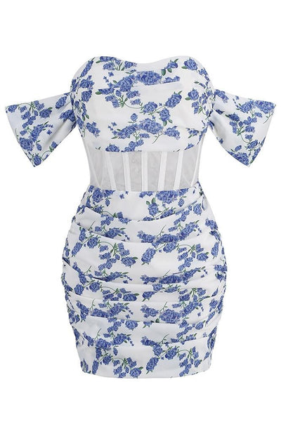 Avelena | Bedrucktes Schulterfreies Korsett-Minikleid