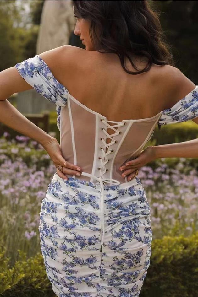 Avelena | Bedrucktes Schulterfreies Korsett-Minikleid