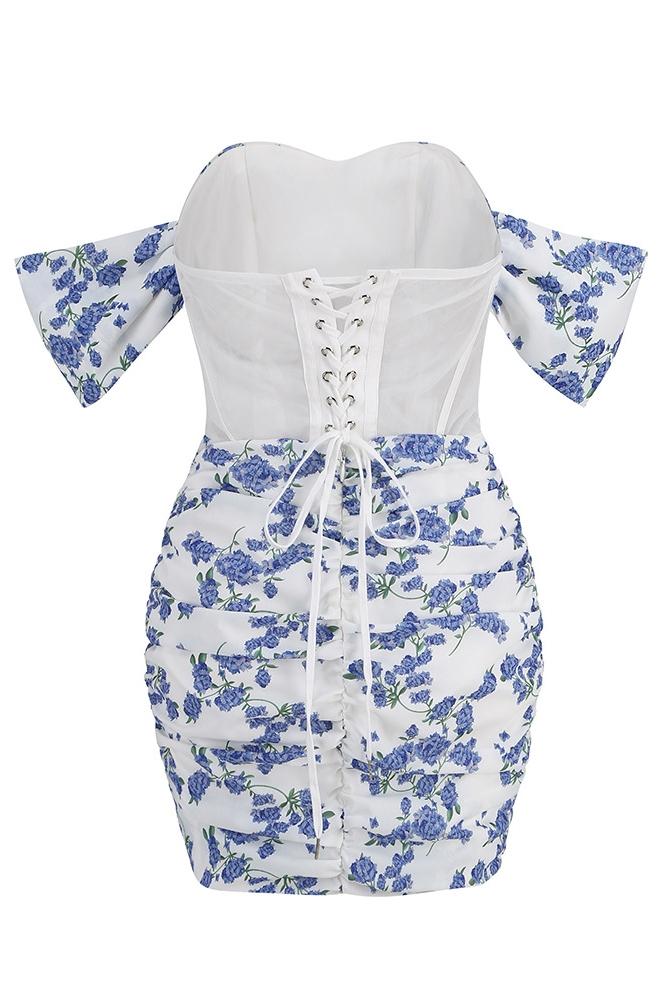 Avelena | Bedrucktes Schulterfreies Korsett-Minikleid
