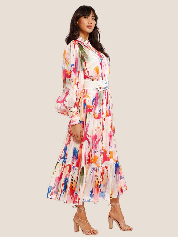 Avelena | Bedrucktes Gestuftes Maxikleid mit Gürtel