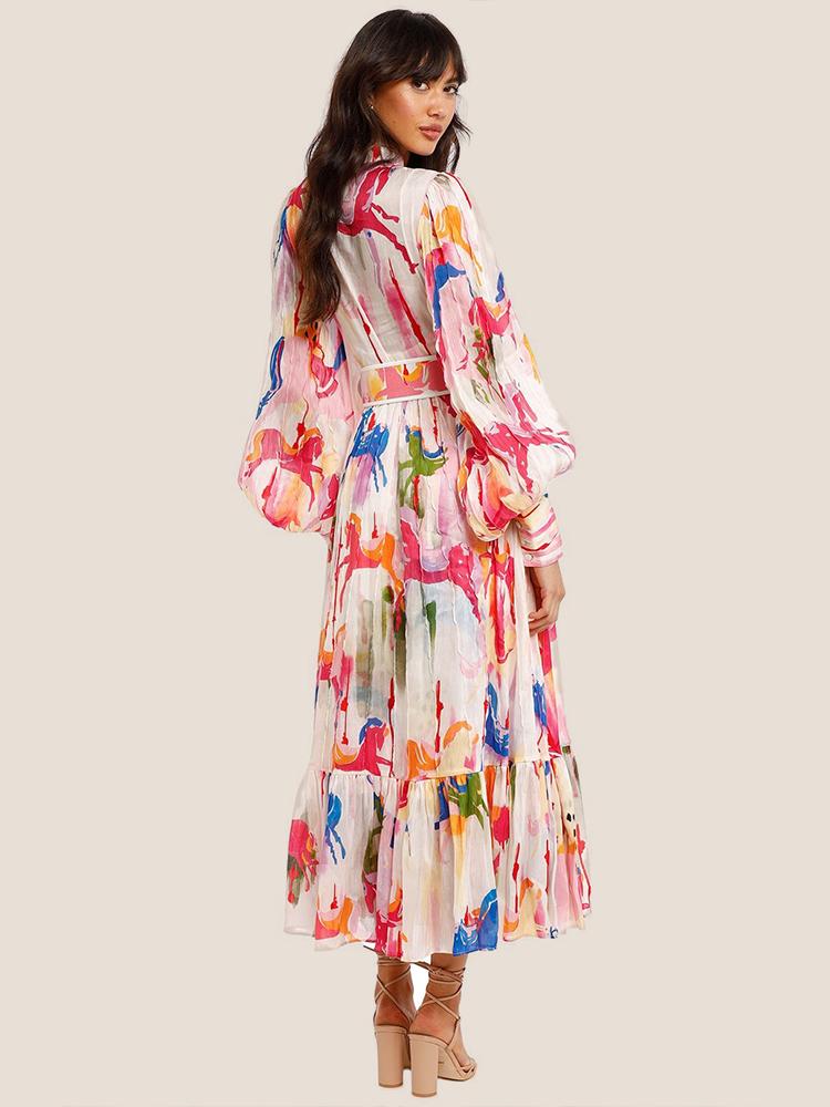Avelena | Bedrucktes Gestuftes Maxikleid mit Gürtel
