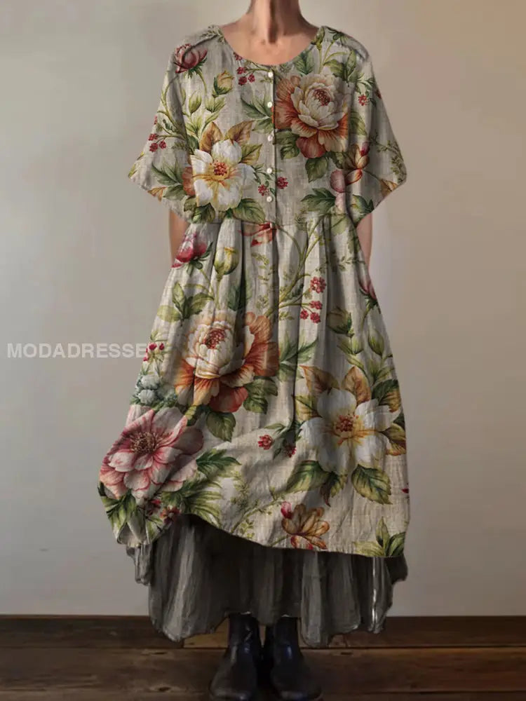 Retro Boho Blumenmuster Vintage Rundhals Kurzarm Midi Kleid