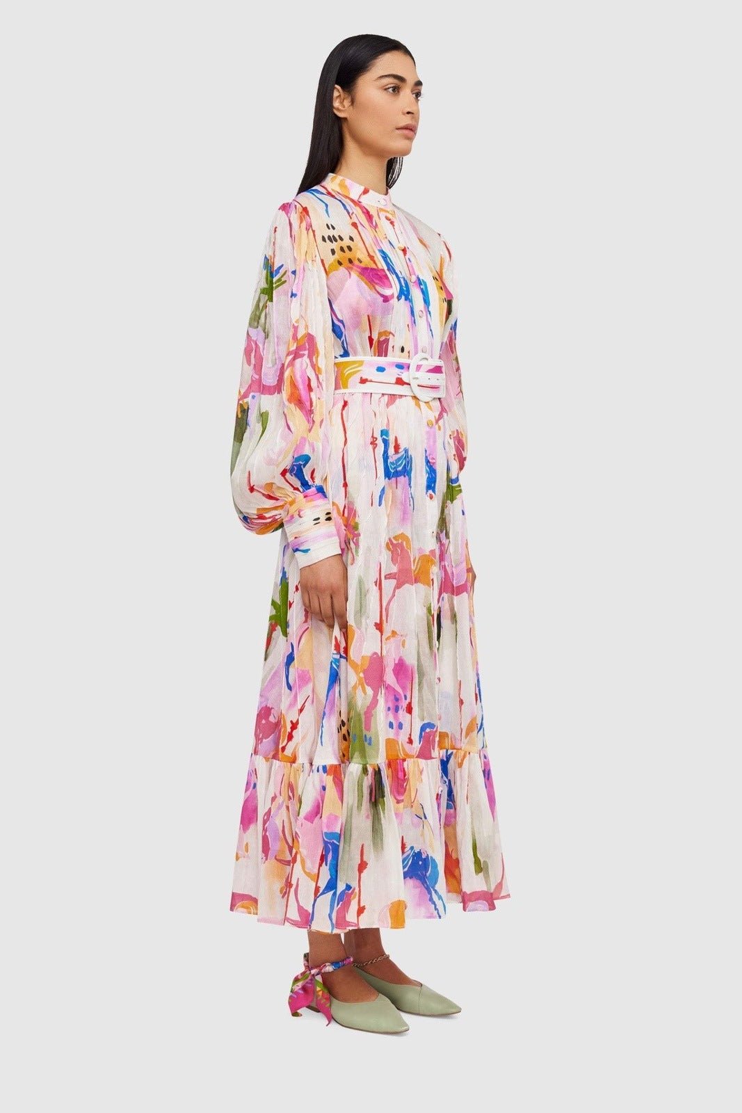 Avelena | Bedrucktes Gestuftes Maxikleid mit Gürtel
