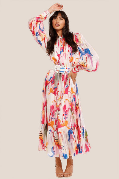 Avelena | Bedrucktes Gestuftes Maxikleid mit Gürtel