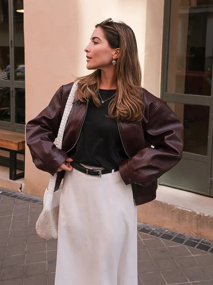 Fern | Kurze Vintage-Lederjacke für Damen in Burgunderrot