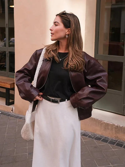 Fern | Kurze Vintage-Lederjacke für Damen in Burgunderrot