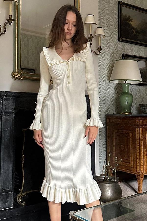Avelena | Rüschen-Perlen-Midi-Strickkleid