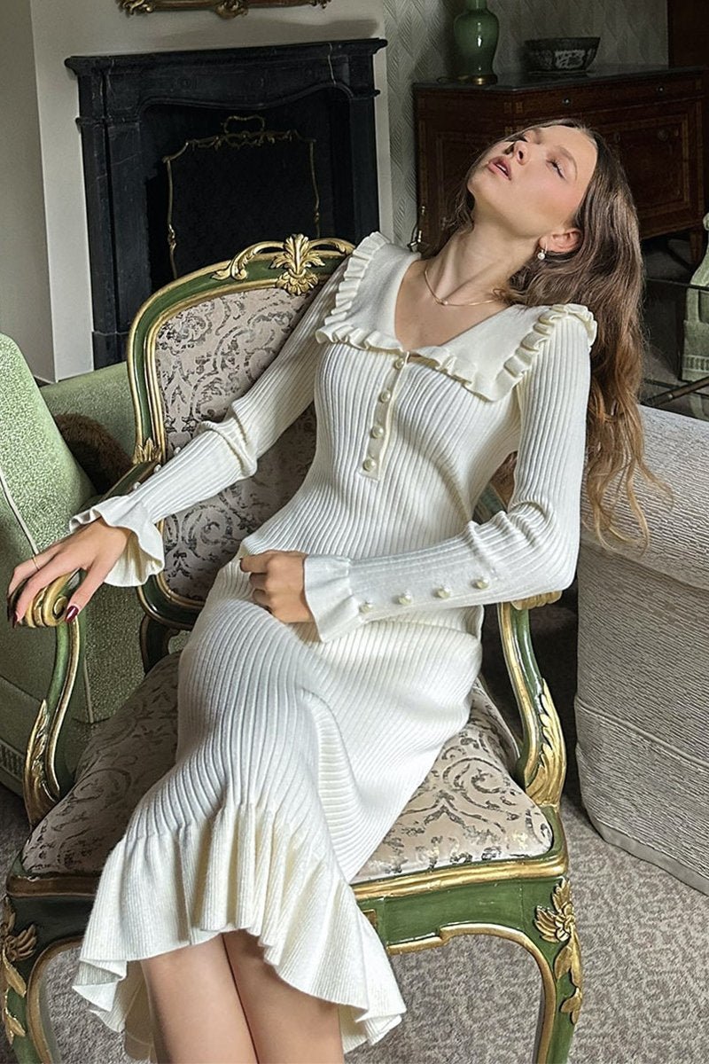 Avelena | Rüschen-Perlen-Midi-Strickkleid