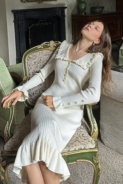 Avelena | Rüschen-Perlen-Midi-Strickkleid