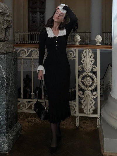 Avelena | Rüschen-Perlen-Midi-Strickkleid