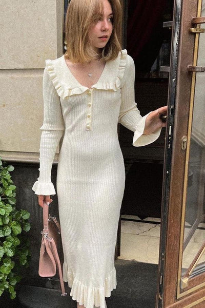 Avelena | Rüschen-Perlen-Midi-Strickkleid