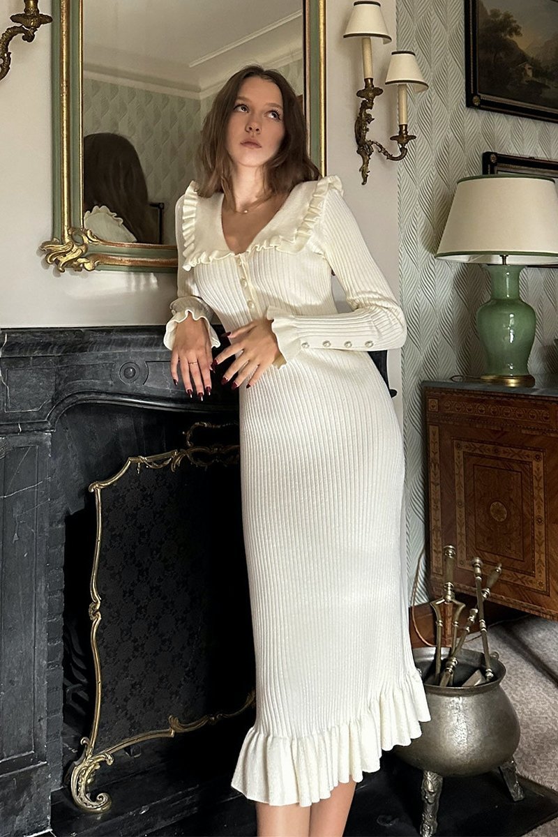 Avelena | Rüschen-Perlen-Midi-Strickkleid