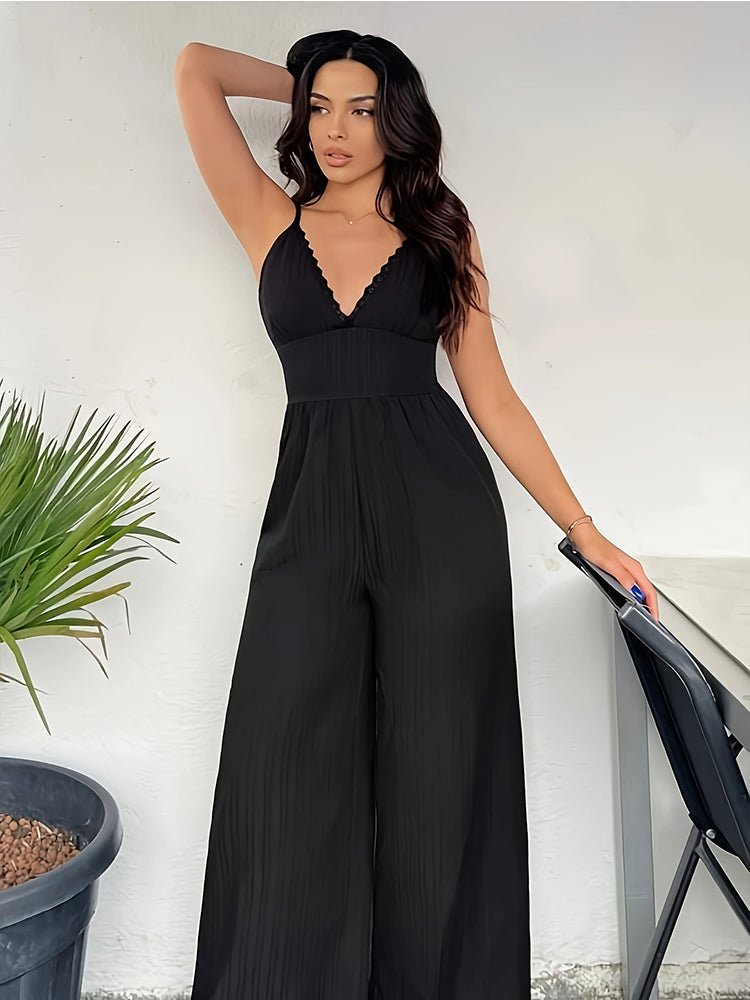 Anoushka | Elegante Spitze Schwarz V-Ausschnitt Bodycon Taille Weites Bein Hose